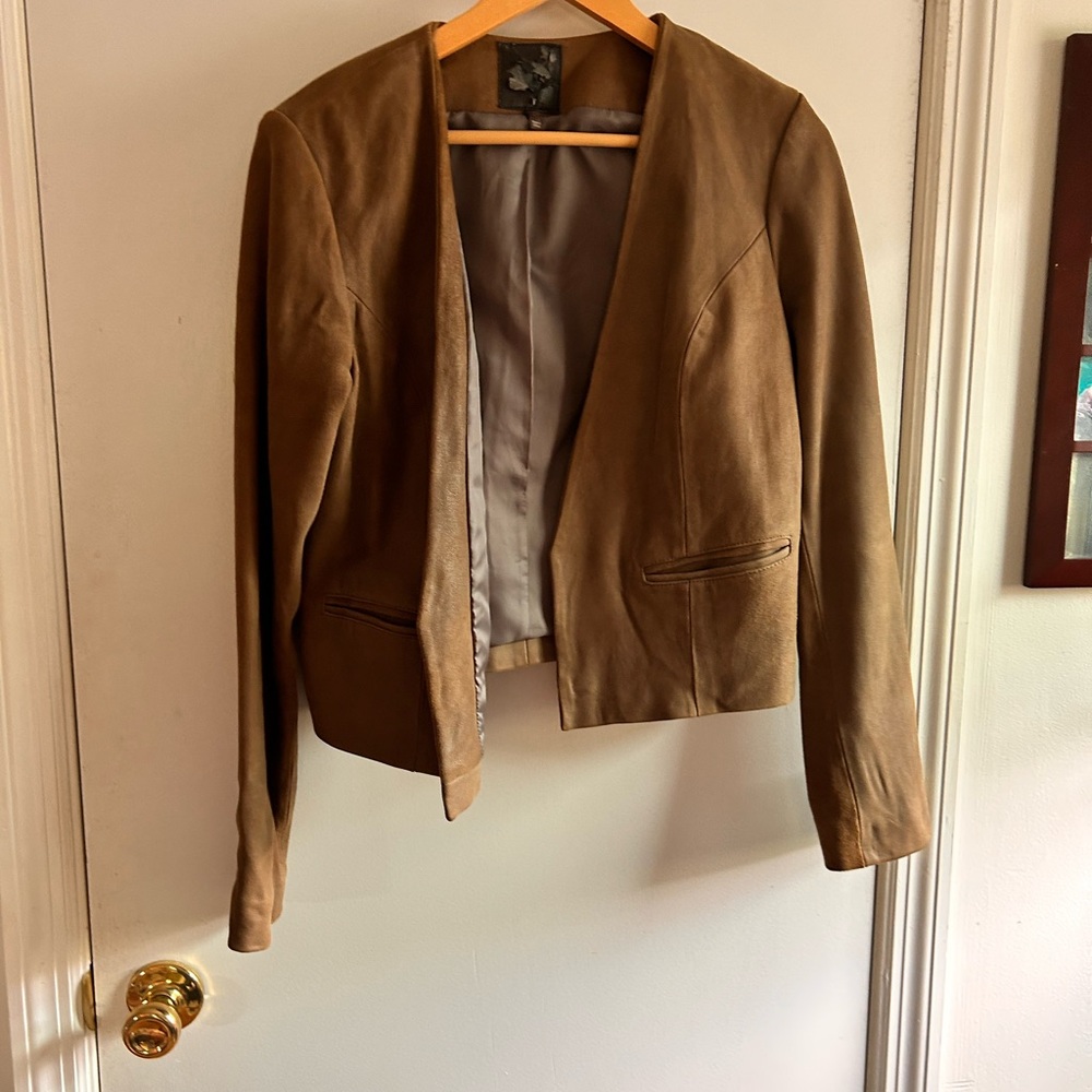 Brown Genuine Leather Open Jacket